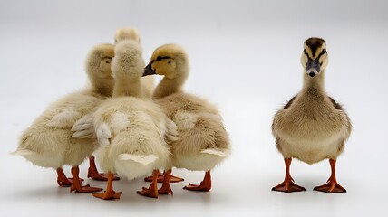 Cute Ducklings Standing Out. A scene featuring five ducklings and one duckling, some of the ducklings huddled together while the remaining duckling stands out