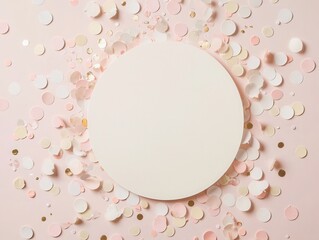 A blank off-white circle on pastel pink background with scattered gold and white confetti creating a festive and elegant celebratory atmosphere