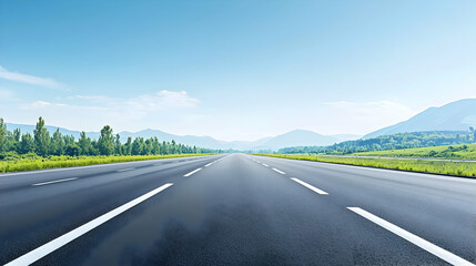 Fototapeta premium Empty Asphalt Road Leading To Mountain Range Under Sunny Sky