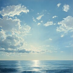 Serene Open Ocean Under Sky Reflecting Sunlight with Clouds Scattered Across the Horizons Azure View