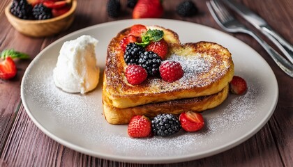 this delightful breakfast features heart shaped french toast garnished with powdered sugar and served with strawberries blackberries raspberries and a scoop of cream