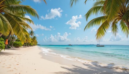 Obraz premium Tropical Beach Paradise: Palm Trees, Azure Waters, and Serene Sands