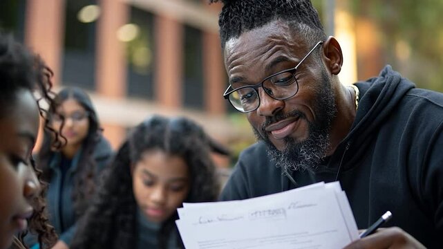 Educator assisting students with paperwork outdoors blurred building background natural lighting
