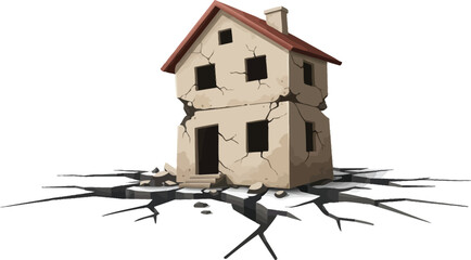 Illustration of a damaged house, standing on a fractured land, earthquake concept, isolated on white background