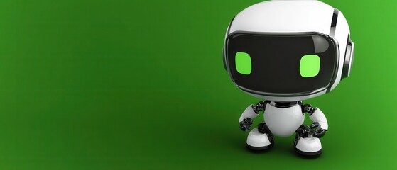 Obraz premium Cute white toy robot with glowing green eyes standing on a green background Concept of artificial intelligence, robotics, and future technology