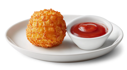 Deep-fried breaded ball appetizer with red dipping sauce on white plate, crispy golden snack, food photography, restaurant-style, isolated PNG