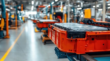 Fototapeta premium Industrial Factory Interior with Battery Production Line in Focus
