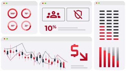 Infographic combining pie charts, line graphs, and alert symbols presents financial loss, economic failure and corporate instability under stress and uncertainty. Crisis concept. Vector illustration