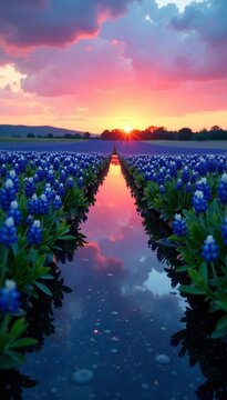 Reflection of bluebonnet field in calm water at dusk, sunset, tranquil, Texas