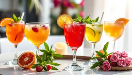 Refreshing summer cocktails in elegant glasses, vibrant colors on pristine white, alcohol, vibrant