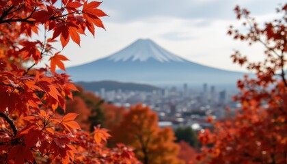 Falling maple leaves in foreground with Mount Fuji in soft focus background, autumn landscape scene