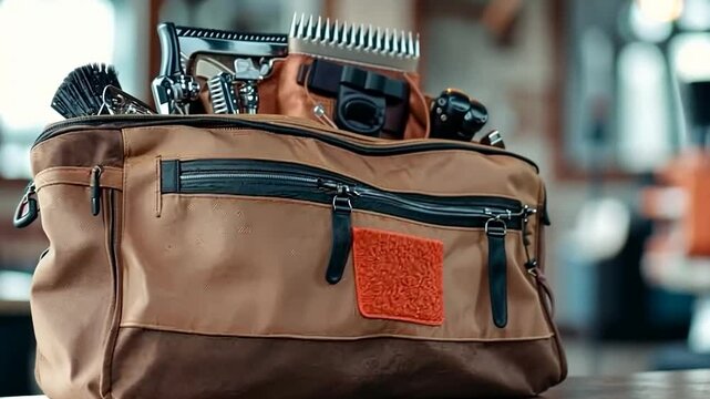 Brown Barber's Bag With Grooming Tools on a Wooden Surface with Blurred Background