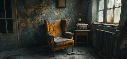 Eerie Silence: Abandoned room featuring a vintage armchair and radio