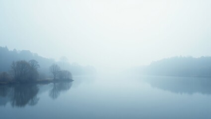 Fototapeta premium Serene Foggy Lake Landscape Misty Morning Trees Reflected Tranquil Waterscape