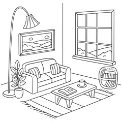 Linear sketch of the interior of living room. A coloring page for kids and adults
