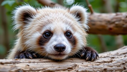 Cute panda close up looking at camera, soft fur detail and natural bamboo background