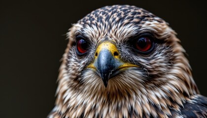 Close up of falcon on dark background, sharp eyes and feathers in dramatic photo style