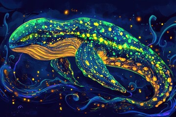 Fototapeta premium Radiant whale navigating a luminous underwater realm.