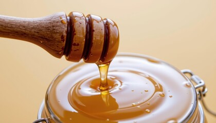 Golden honey dripping from wooden dipper on yellow background, sweetness and freshness in detail