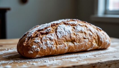 Rustic homemade bread on wooden table, flour dusting and crusty texture, fresh and comforting