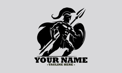 illustration silhouette ancient greek warrior black color only, spartan holding a spear vector illustration and spartan holding logo design