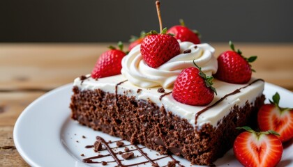 Chocolate cake dessert with whipped cream and fresh strawberries, indulgent and sweet concept