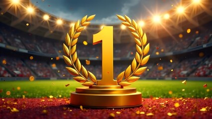 The gold award for first place against the backdrop of a stadium and confetti