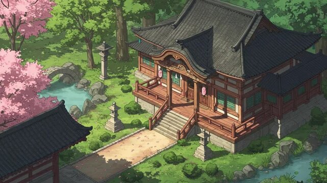 Japanese Temple Amidst Cherry Blossoms, Serene Landscape