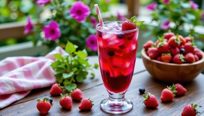 Glass of berry fruit cocktail on table, summer freshness in colorful natural drink
