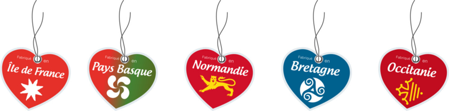 Logos des r&eacute;gions, fabriqu&eacute; en : &Icirc;le de France, Pays Basque, Normandie, Bretagne, Occitanie