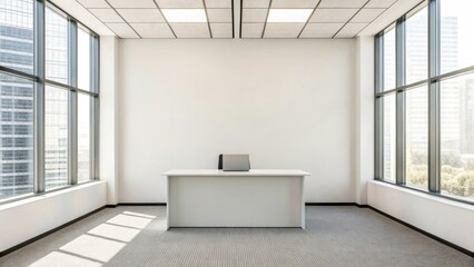 A minimalist office space featuring a desk, large windows, and natural light, creating a bright and open atmosphere.