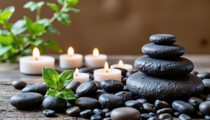 Obraz na płótnie Canvas Zen spa scene with stones, candles, and green leaves, relaxation and wellness atmosphere