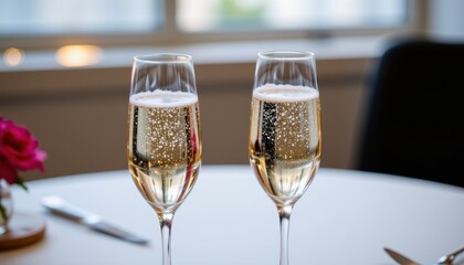 Two champagne glasses toasting, sparkling detail and celebratory moment, elegant party theme