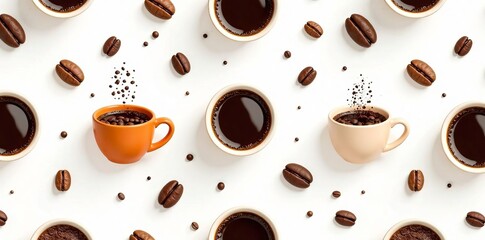 Seamless pattern of coffee cups and beans in earthy tones on a white background, coffee, bean, cup