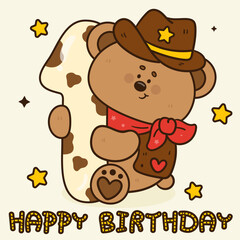 birthday number 1 with teddy bear cowboy happy party kawaii animal groovy style