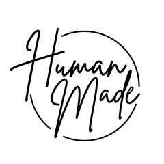 human made stamp logo, made by humans badge hand drawn lettering calligraphy text