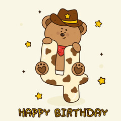 birthday number 4 with teddy bear cowboy happy party kawaii animal groovy style
