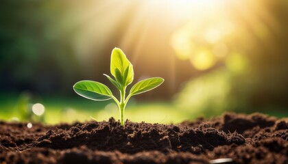 young green plant sprout emerging from rich soil in sunlit garden