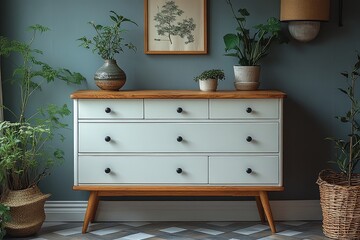 White dresser with six drawers, light wood top and legs, Scandinavian-style furniture, bedroom interior, modern minimalist design, storage chest, stylish decor.