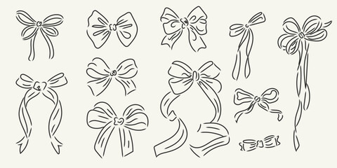 Hand drawn minimalist elegant ribbon and bows doodle set. Perfect for packaging designs, prints, postcards, invitations, greeting cards, wedding. Italian ink sketch dolce vita