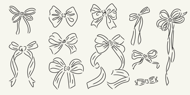 Hand drawn minimalist elegant ribbon and bows doodle set. Perfect for packaging designs, prints, postcards, invitations, greeting cards, wedding. Italian ink sketch dolce vita