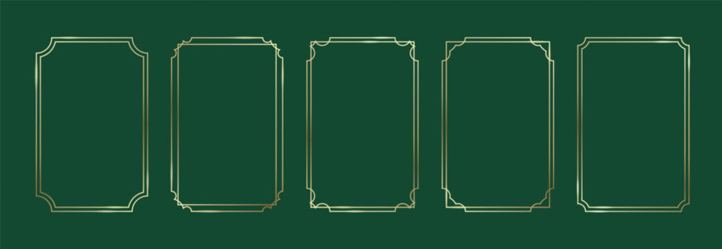 Golden Frames Set. Thin Line Gold Borders Luxury Minimalist Collection. Premium Vector Brass Outline Geometric Rectangles. Linear Decorative Banners with Classy Dark Green Background Isolated