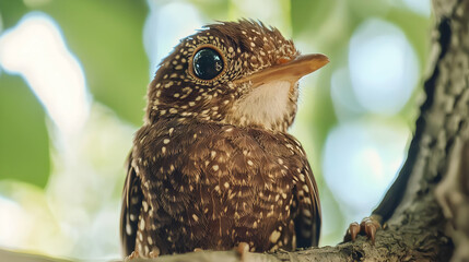 Closeup Of A Spotted Baby Bird On A Branch