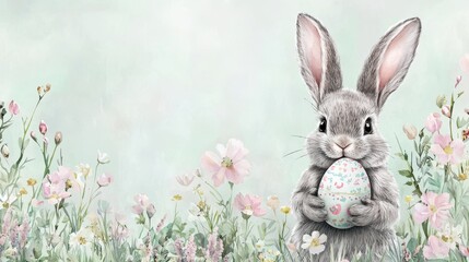 Obraz premium Adorable Bunny Holding Colorful Egg Surrounded by Blooming Flowers
