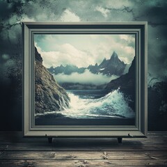 Fototapeta premium Weathered Gray Picture Frame Showcasing Dramatic Landscape Painting of Turbulent Sea Crashing Against Rocky Shores and Misty Mountains in Background