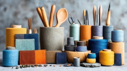 Upcycled fashion denim scraps style. Craft supplies arranged on a textured surface with various tools and containers.