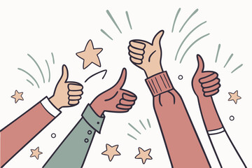 Illustration of multiple hands giving thumbs up, symbolizing approval and positivity. Great for social media, teamwork, and feedback themes.