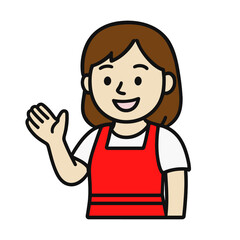 エプロン姿で手を振る明るい女性のフラットイラスト Flat illustration of a cheerful woman wearing apron and waving hand  