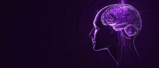 Naklejka premium Purple human head with brain illustration representing mental health, artificial intelligence, and neuroscience concept