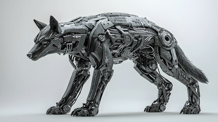 Fototapeta premium Cybernetic Canine: A state-of-the-art robotic wolf prowls with precision, blending natural form with advanced engineering, embodying the fusion of nature and technology.